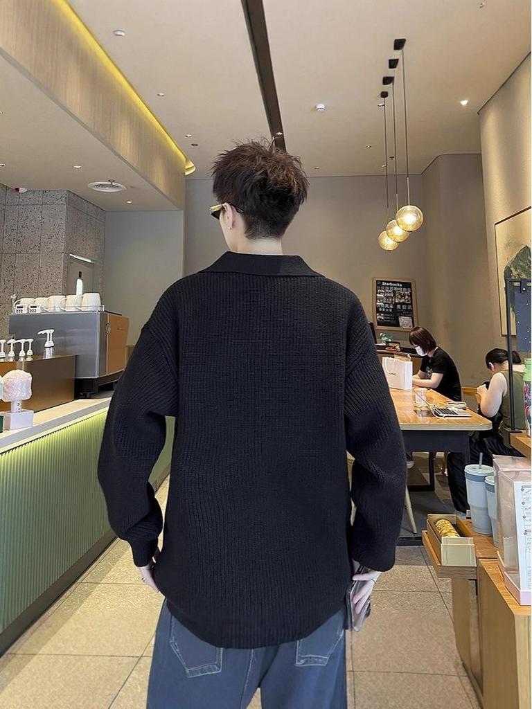 Men's Winter American Style Black Knit Polo Sweater