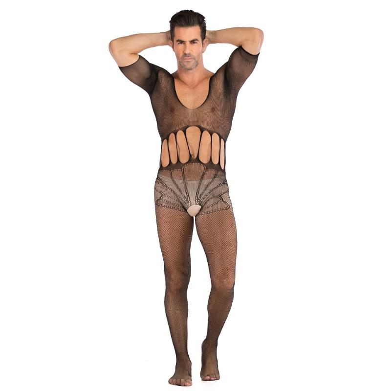 Plus Size Men's Mesh Bodysuit Sexy Lingerie Set BDSM Role Play Adjustable Fetish Night Club Costume with Fishnet Socks for Men