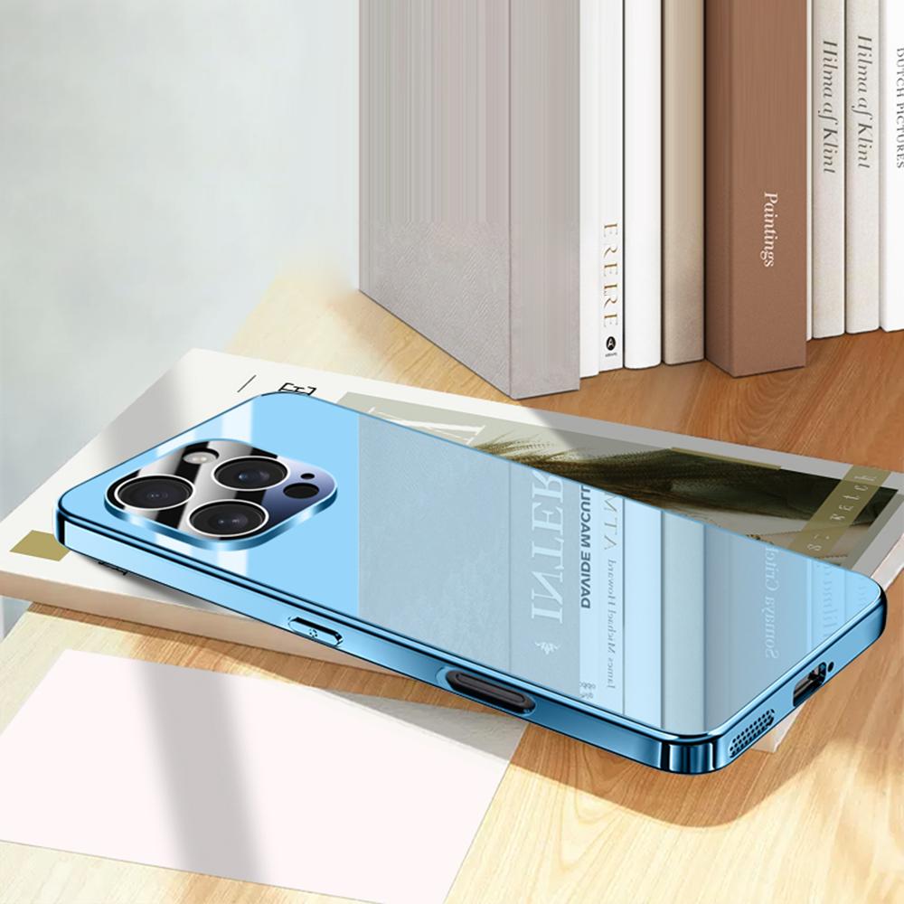 

For iPhone 16 Pro Case Electroplating PC Phone Back Cover with Camera Lens Protector Blue