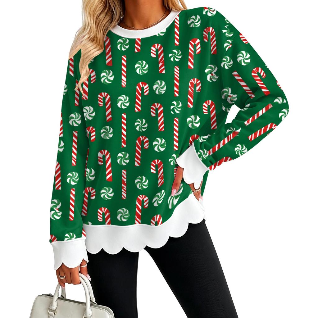 Women's Christmas Print Crewneck Sweatshirt with Scalloped Wavy Hem for Holiday Casual Wear