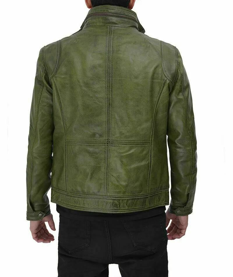 Men's Genuine Lambskin Green Leather Biker Decent Festive Motorcycle Jacket