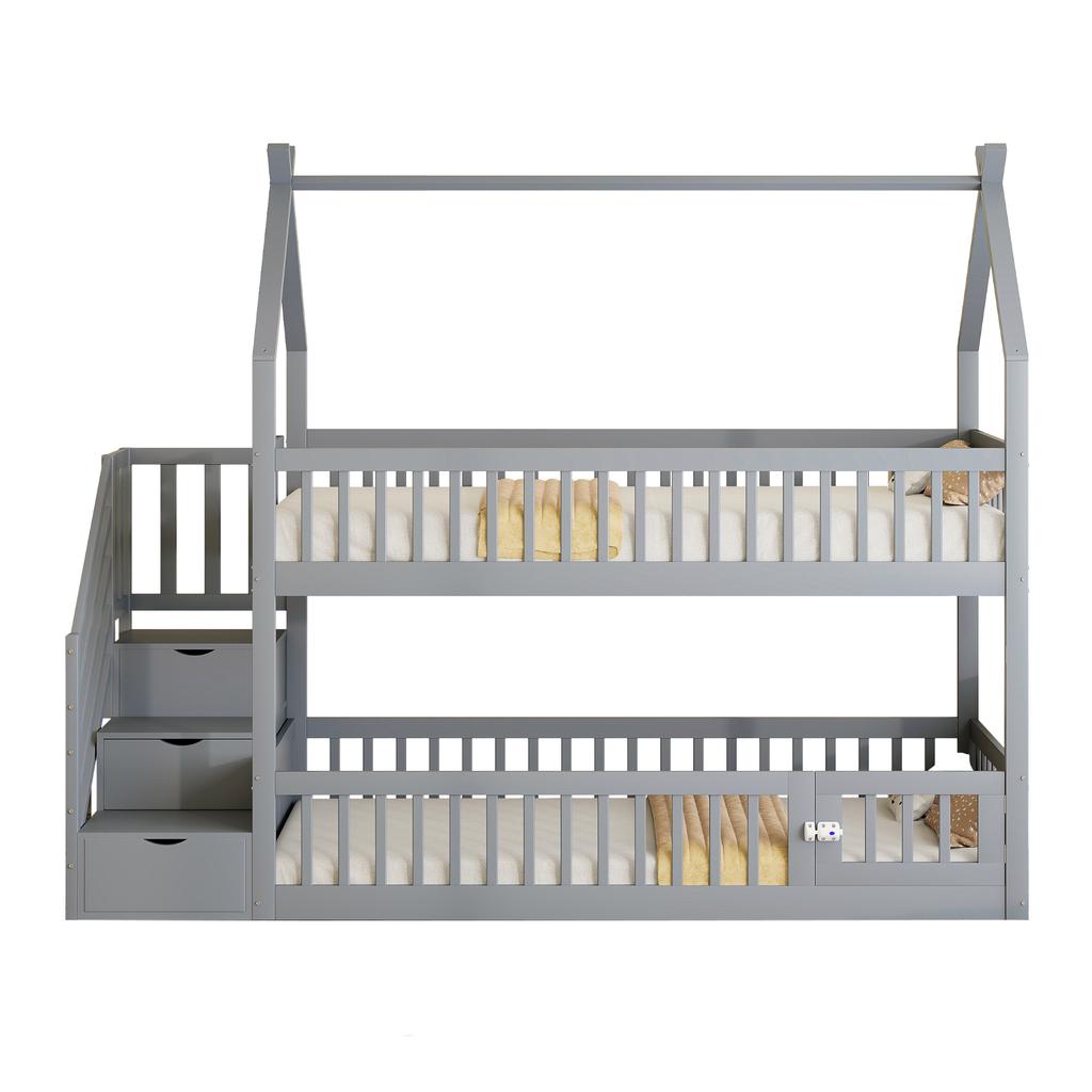 90x200 Children's Bunk Bed Solid Wood Bed with Roof, Safety Stairs and Storage Drawers, Storage Children's Bed Single Bed Gray