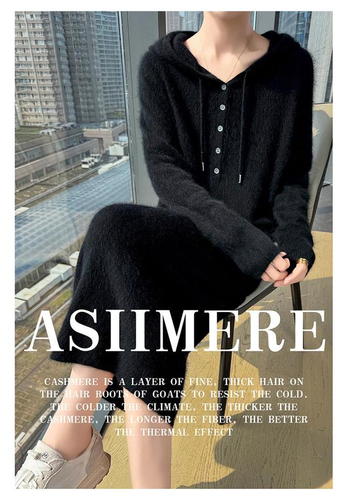 Versatile Hooded Knitted Dress - Autumn/Winter 2025: Slimming, Loose, Long Dress Shirt.