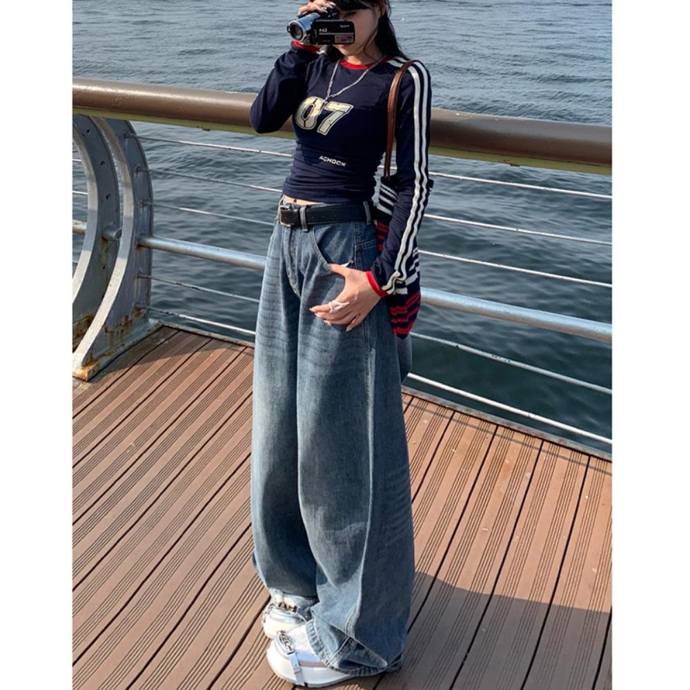 Retro High-waisted Wide-leg Jeans Drape Autumn and Winter Women's Pants Loose Design Trendy Floor Pants
