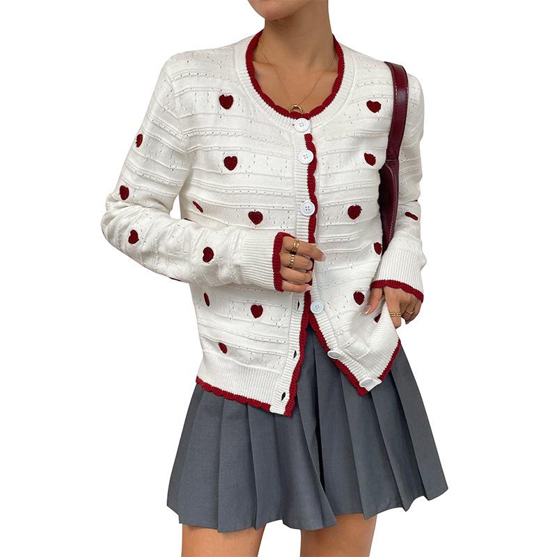 2026 Autumn/Winter Elegant European and American Cross Love Jacquard Color Block Cardigan Sweater for Women