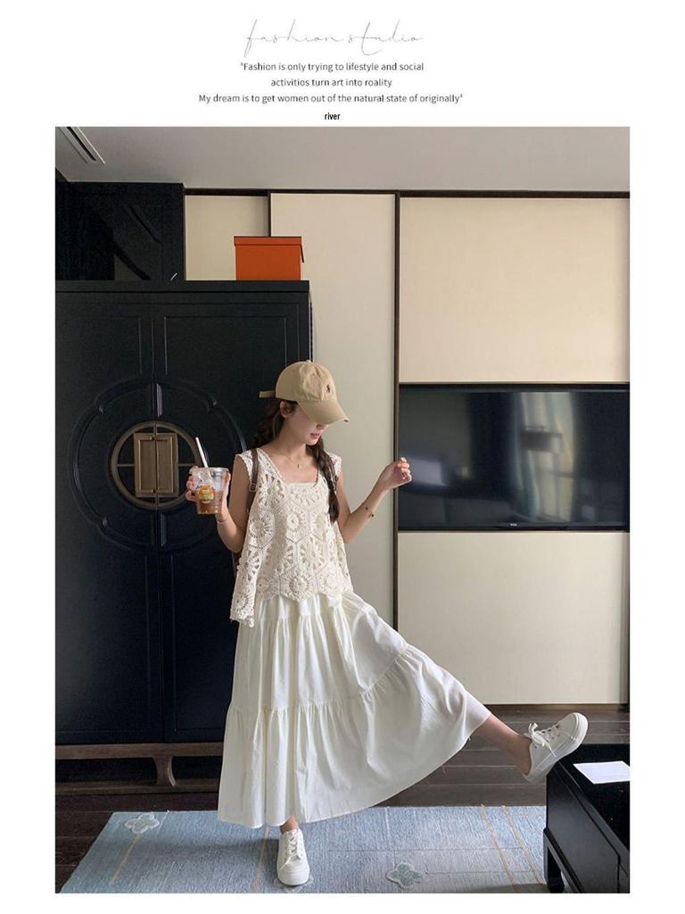 Trendy White Hollow Camisole Dress Set: Flattering Two-Piece Layered Vest & Dress