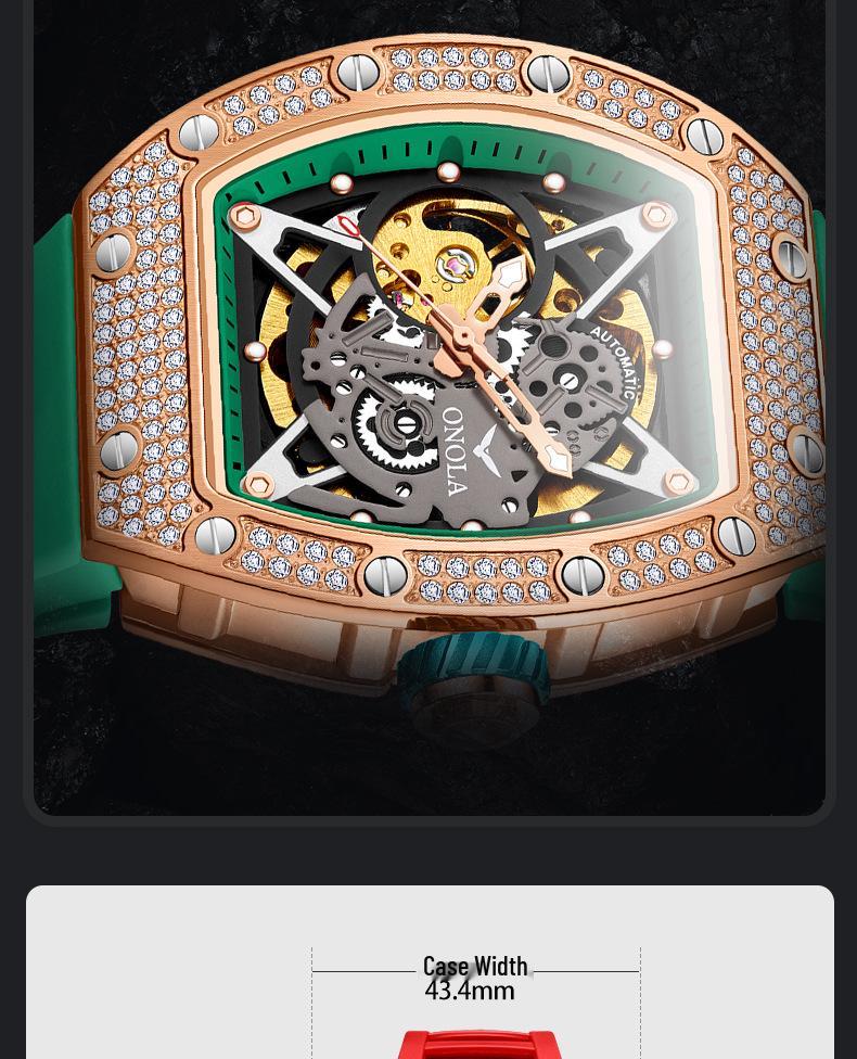 Herren ONOLA Wasserdichte Automatische Mechanische Uhr mit Silikonarmband und Diamantdetail