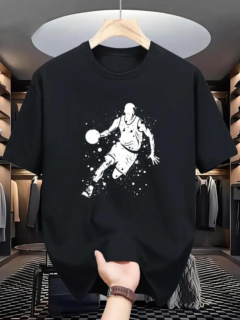 Geometric Pattern Men's Basketball Print T-Shirt - Knit Fabric, Comfortable Athletic Streetwear Top for Outdoor Summer Wear