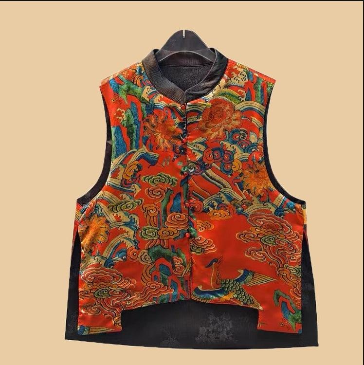 Jarní a podzimní retro čínský styl národní styl výšivky etnický styl tisk oboustranné oblečení módní stojáček krátká vesta pro ženy