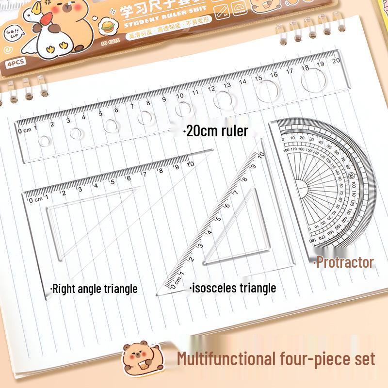 Capybara Cartoon Ruler Set: 4-Piece School Set with Protractor, Set Square, and Straight Ruler for Kids