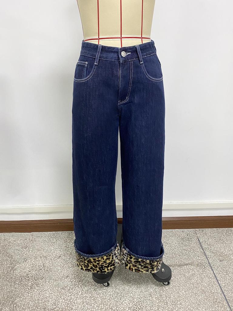 Women's Retro Dark Blue Leopard Print Plush Lined Denim Pants - Autumn/Winter Thick Long Pants