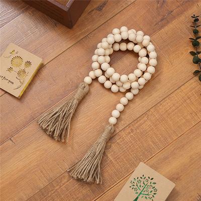 Diy Natural Wood Colored Hemp Rope Tassel Wood Bead Hanging Can Be Used For Prayer, Tassel String, Home Decoration Bead String