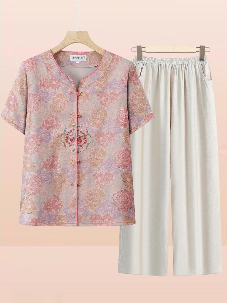 Mom's Chinese-Style Short-Sleeve Summer Top Set for Middle-Aged and Elderly Women