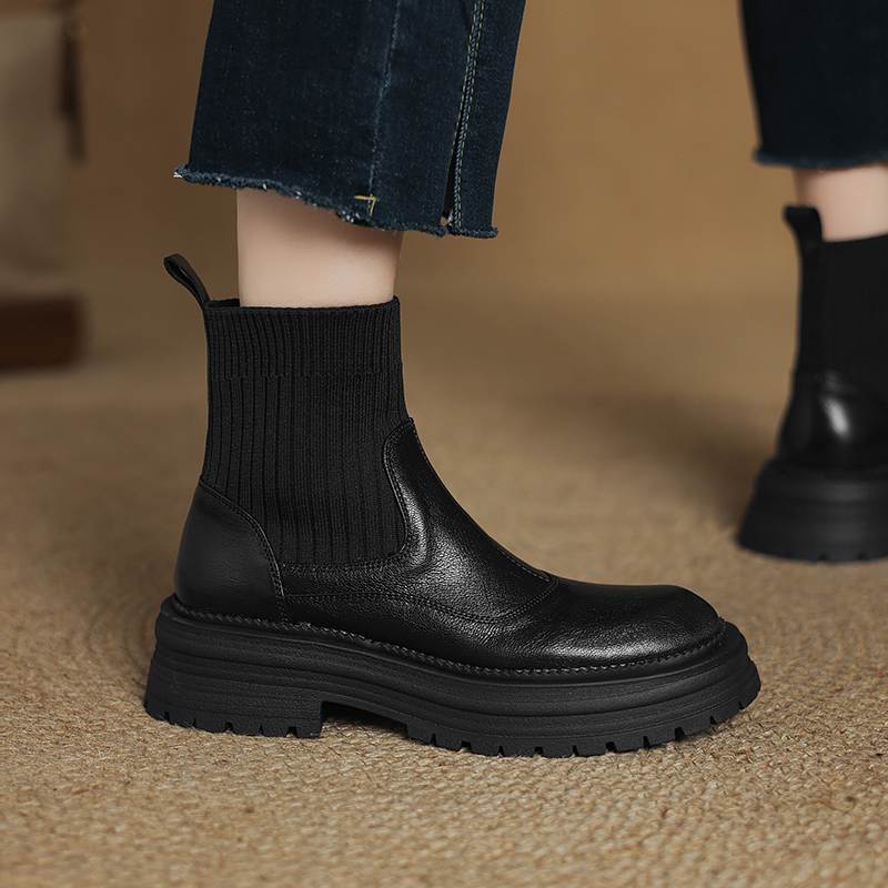 Krazing Pot Sheepskin Winter Round Toe Chunky Heels Fashion Motorcycle Boots Women Slip on Kniting Platform Ankle Boots