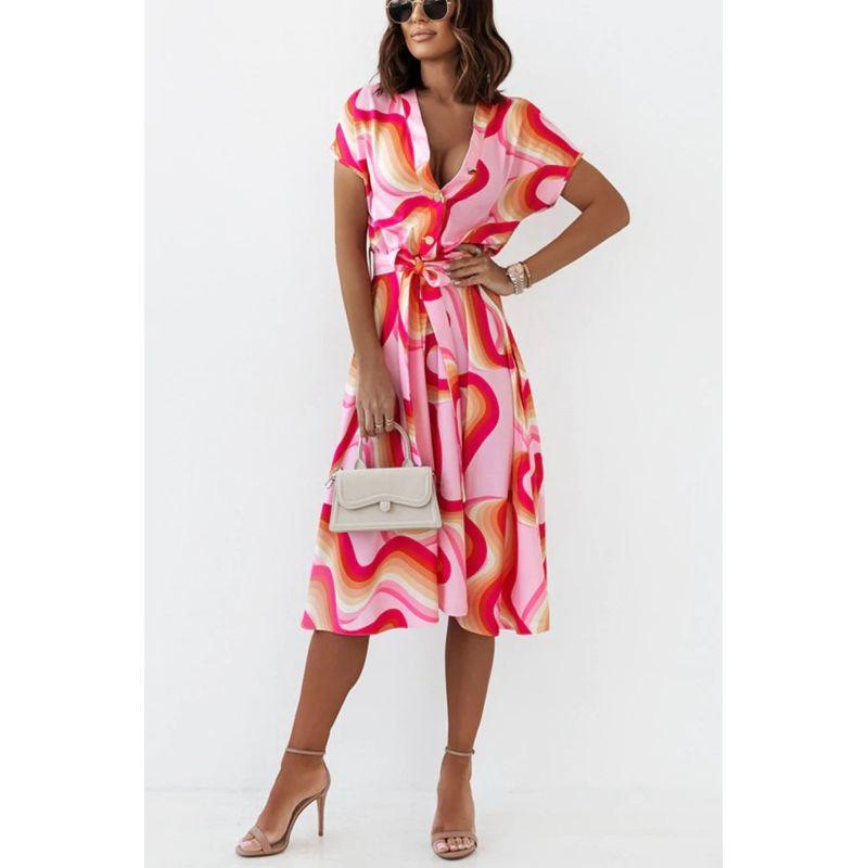 Printed Waist Dress Women's Clothing Summer Fashion Style Fashion Temperament Printed Short Sleeve V Neck Dress