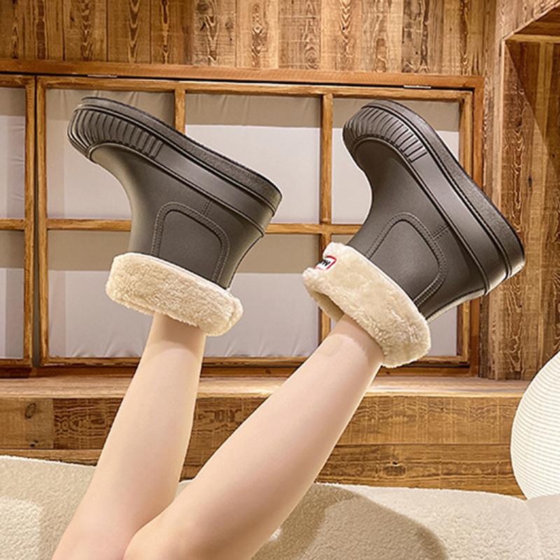 Fashion Solid Rain Boots Women Fleece Platform Rain boots Non-Slip Boots Women Ankle Rubber Boots Outside Slip-on Water Shoes
