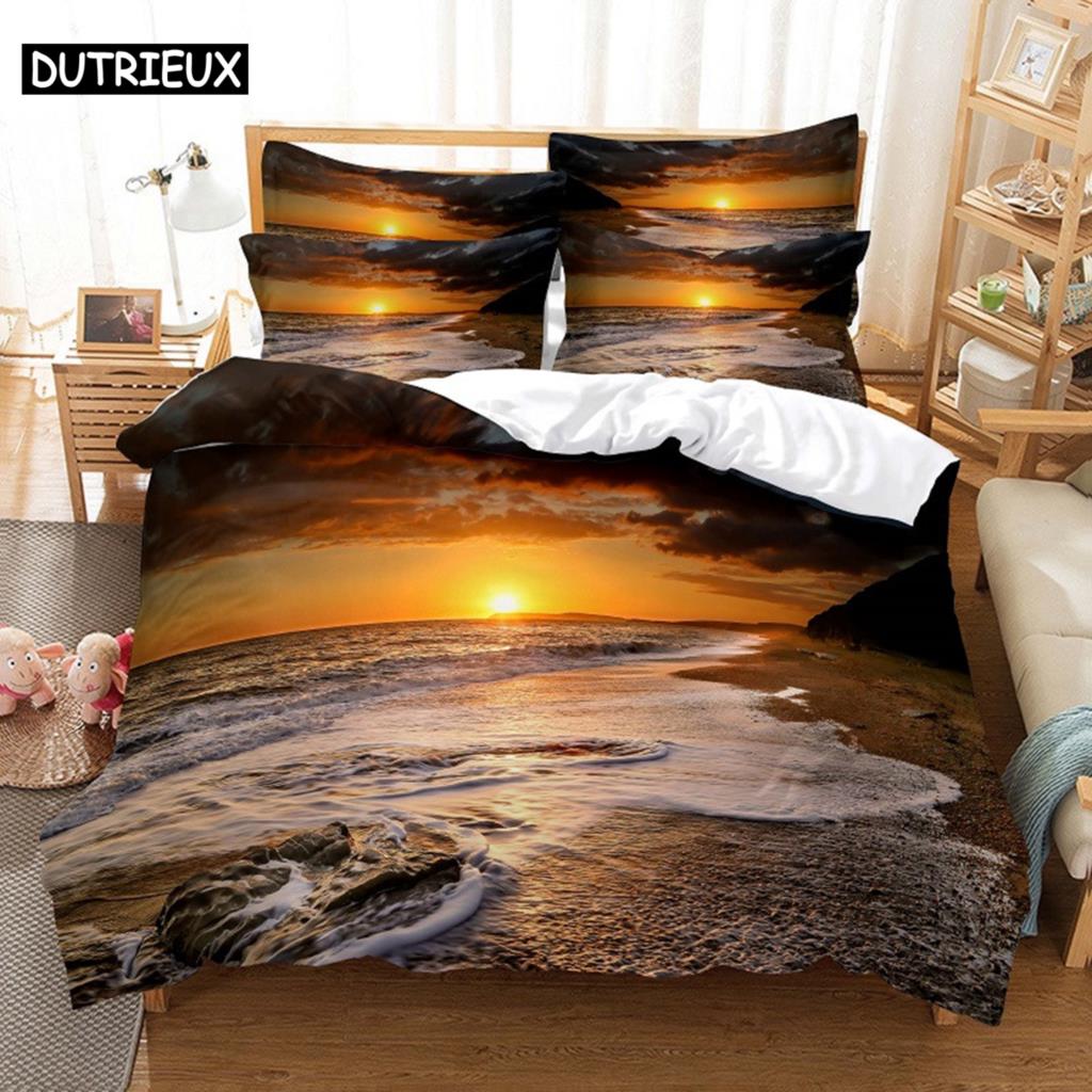 3D Digital-Printed Beach Coconut Tree-Themed Duvet Cover Set In Queen Size - Fashionable Bed Linen Design