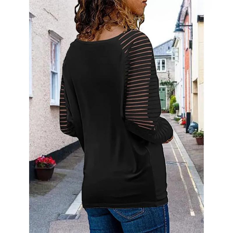 Fashion See-through Striped Long Sleeve T-Shirt Female Autumn Loose V Neck Pullover Tops Women Solid Color Casual Commuter Tees