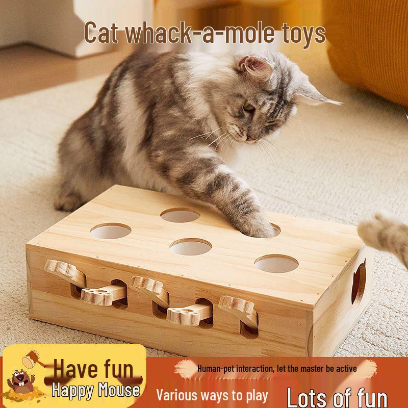 Interactive Solid Wood Cat Whack-a-Mole Toy for Pets and Children