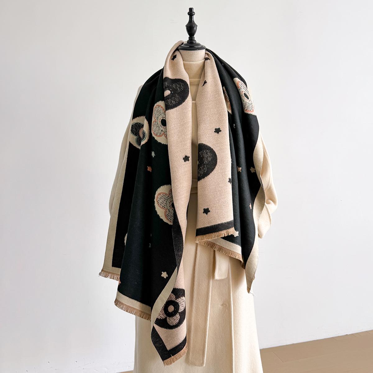 

Luxury Designer Women S Winter Scarf Shawl - Flower Print Faux Cashmere Pashmina, Warm Large Wrap Long Foulard