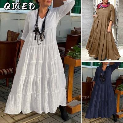 Fashion Spring Autumn Solid Color Print Long Sleeve V-Neck Casual Dresses