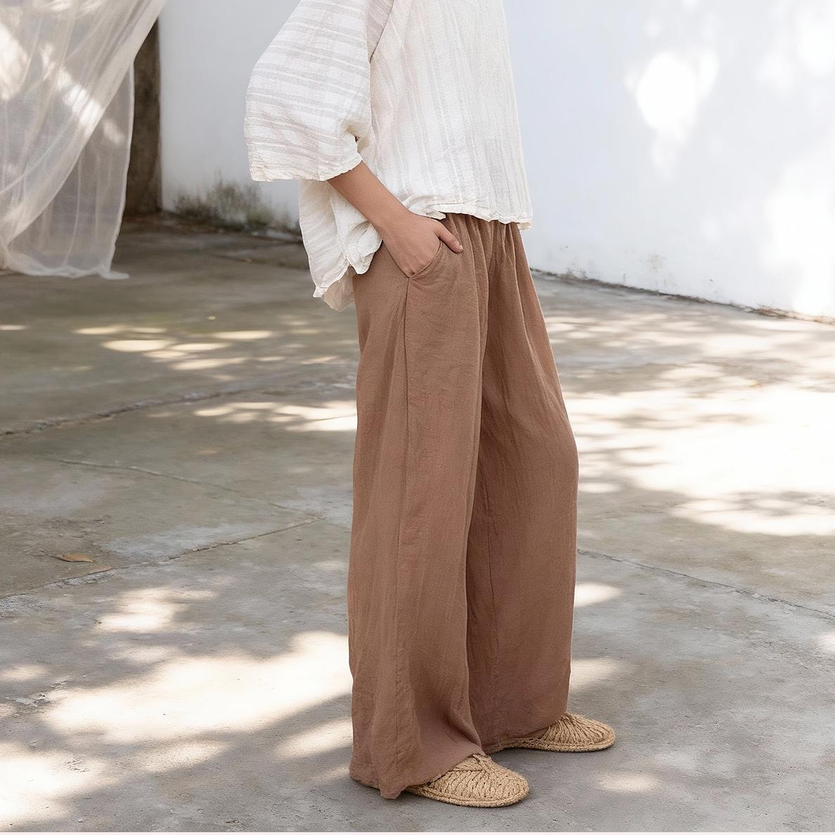 

Shan Qiannian Yi Spring-Summer Ultra-Light Breathable Ramie Cotton Straight-Leg Pants Khaki