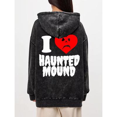 Autumn Woman Washed Hoodies I Love Haunted Mound Printing Streetwears Pocket Oversize Cotton Clothes