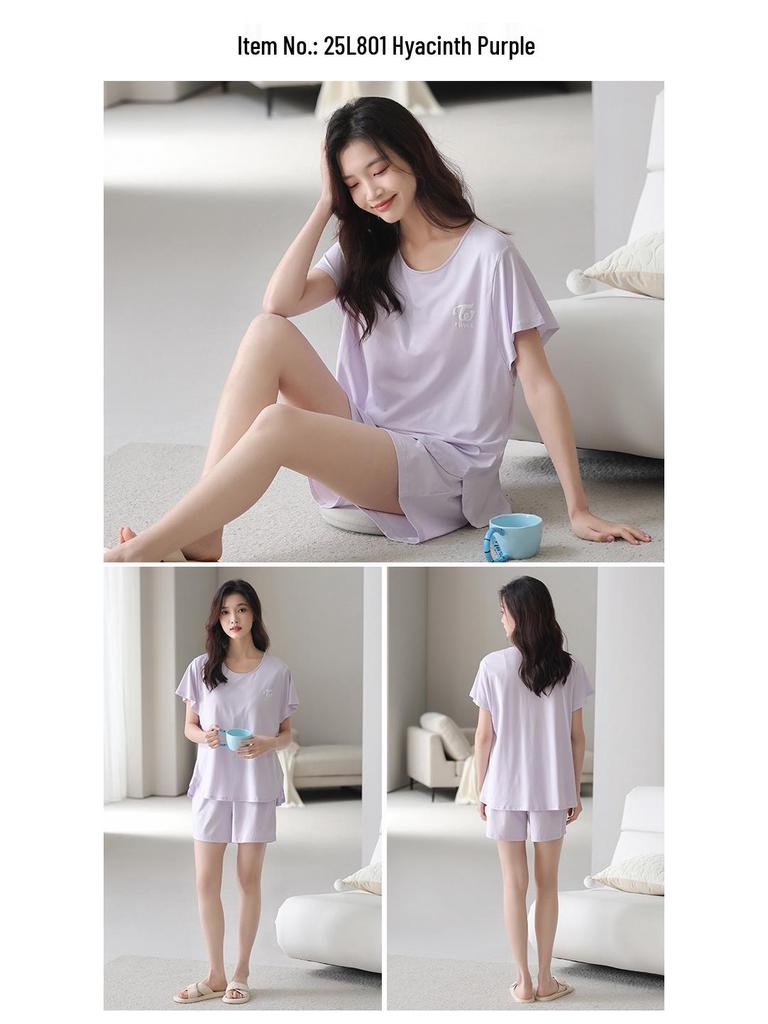 Lyocell Women's Summer Short Sleeve Pajama Set with Chest Pads - Casual Plus Size Home Wear