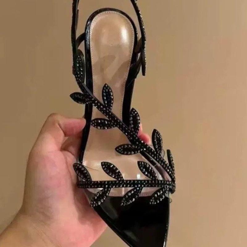 Fashion New Summer Women High-heeled Sandals Temperament Fashion High Heels Shoes for Women Pointed Rhinestone Leaf Stiletto Sandals