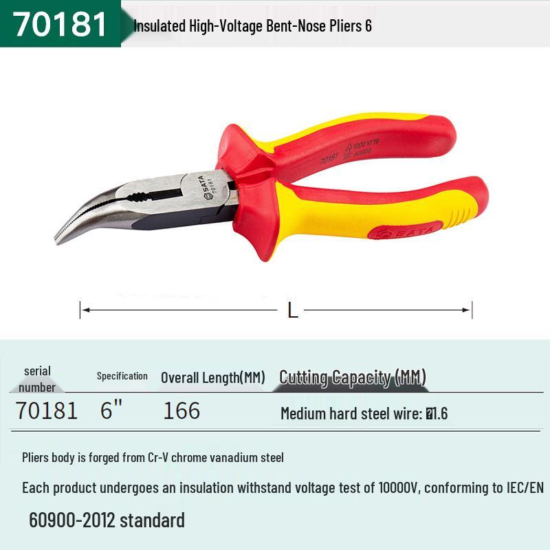 SATA 70111/70161 Insulated High-Voltage Flat, Round, and Bent-Nose Pliers for Electricians