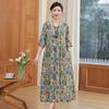 Baumwoll-Seiden-Kleid für Mama, sommerliches Baumwoll-Seiden-Kleid mit mittleren Ärmeln, knielanges lockeres Kleid mit ausländischem Druck