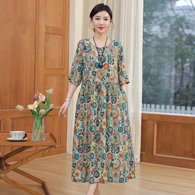 Baumwoll-Seiden-Kleid für Mama, sommerliches Baumwoll-Seiden-Kleid mit mittleren Ärmeln, knielanges lockeres Kleid mit ausländischem Druck