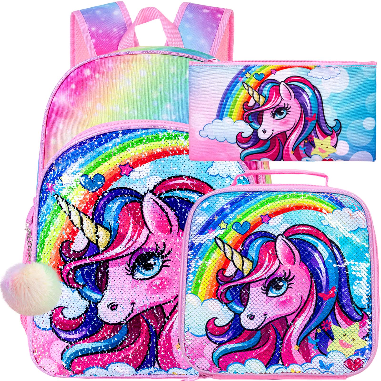 3PCS Unicorn Backpack, 16 Rainbow Sequin