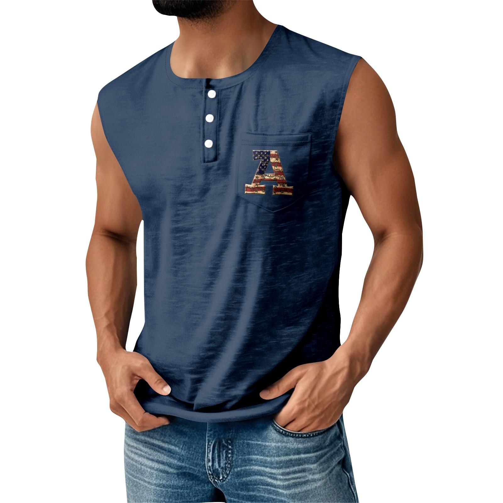 

Мужская летняя майка без рукавов с принтом ко Дню независимости, спортивная, на пуговицах, с карманом XL тёмно-синий