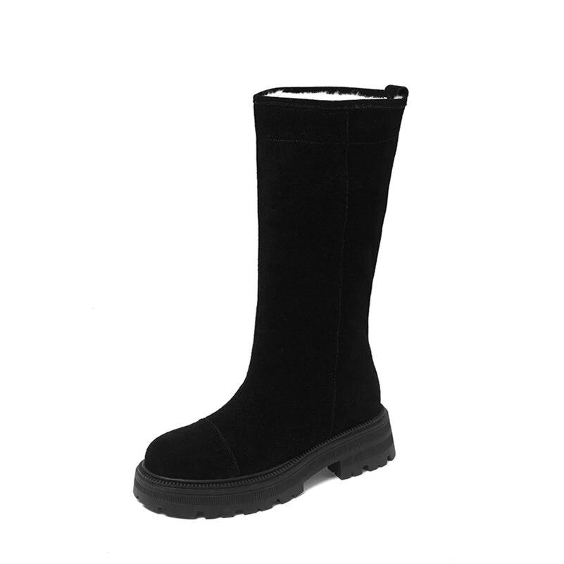 Meotina Bottes mi-mollet en cuir véritable pour femmes, bout rond, talons épais, plateforme, laine, daim, chaussures de mode pour dames, hiver 40