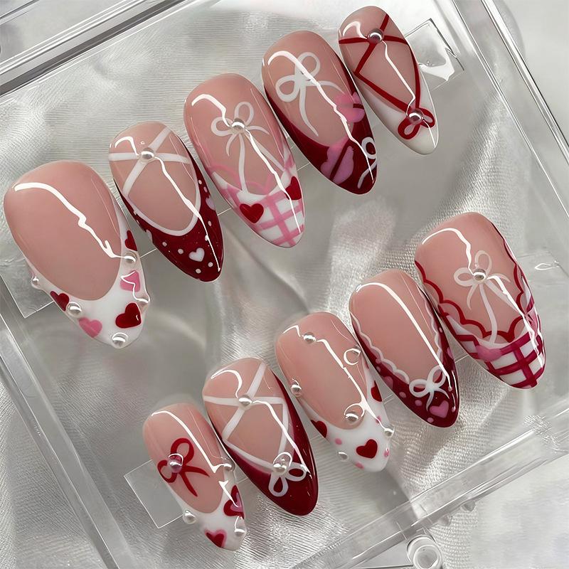 24Pcs Sweet Pink French Tip Polka Dot Nails With 3D White Bow Almond Shape False Nails Detachable Press On Nails For Women