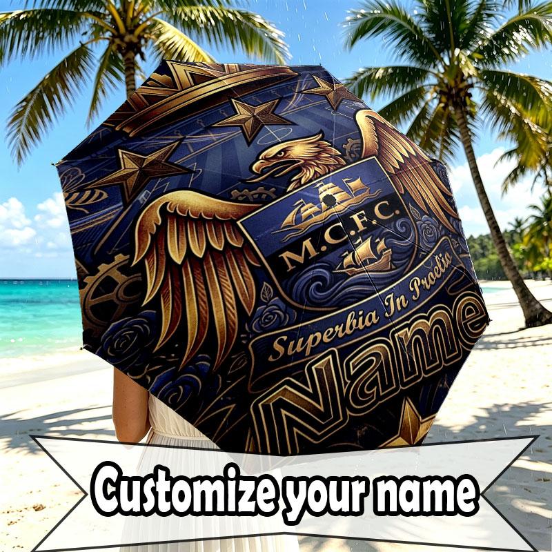 Custom Name Personalized Manchester City Print Umbrella, Auto Open Close, 8‑Rib Sturdy Frame, Commute Camping Hiking Use, Birthday Gift