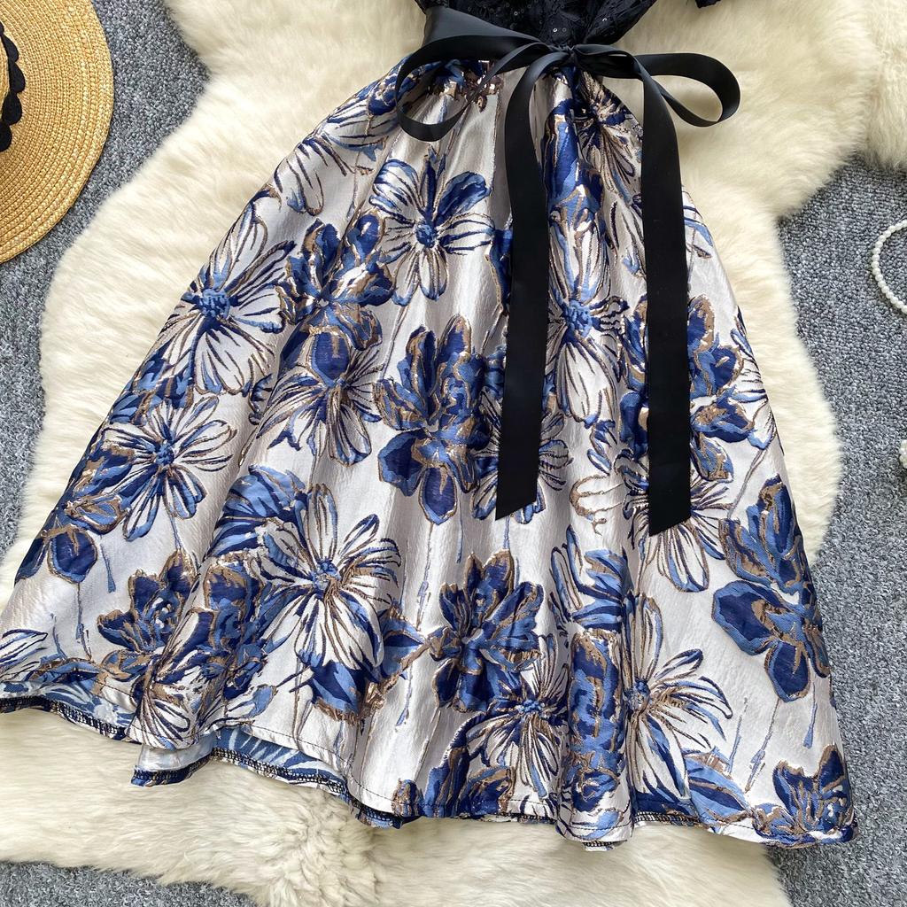 Sommer Damen Französisch Elegant V-Ausschnitt Kurzarm Vintage Jacquard Blumen Spitze Patchwork Party Schnürkleider Ballkleider