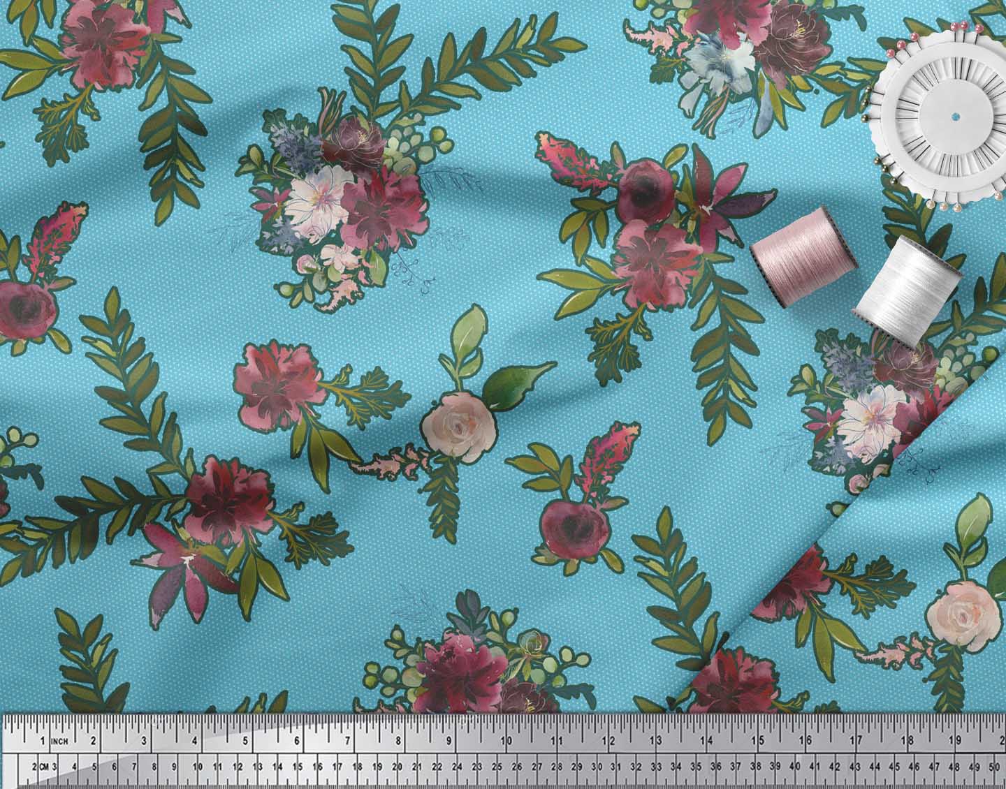 

Шовкова тканина Soimoi Satin Leaves & Ranunculus Floral Printed Fabric 1 метр 42 дюйма 46 Inch Wide - Rayon Crepe синій