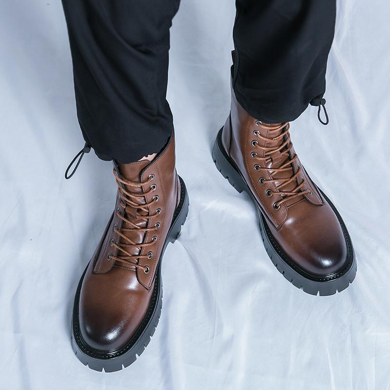 Fashion Trend Patent Leather Men Boots British Style Thick Bottom High-top Lace Up Men Boots Comfortable and Non Slip Upper Boot