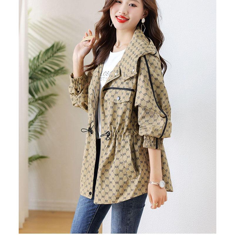 Women Loose Temperament Fashion Print Trench Coat Spring Autumn Korean Casual Hooded Windbreaker Female Outcoat