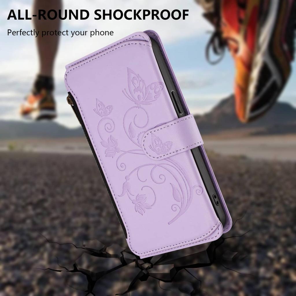For Samsung Galaxy S23 S22 S21 S20 Ultra S10 Plus Case, Flower Wallet Flip Case RFID Blocking, Zipper, Card Slots, Wrist Strap