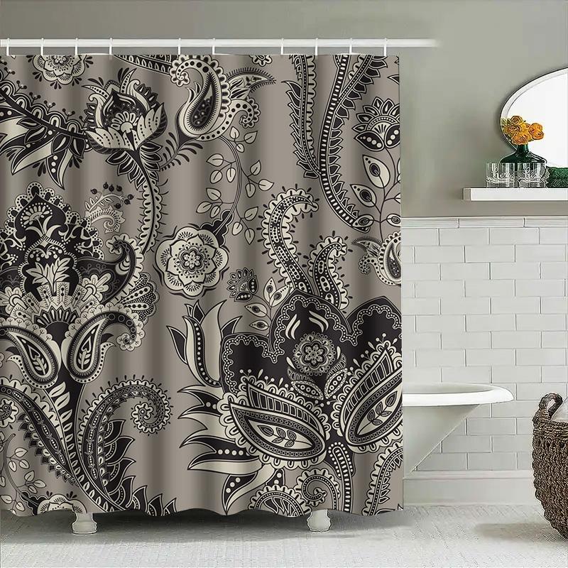 Vintage Floral Shower Curtain With Black And White Paisley Design Waterproof Bathroom Decor Set For Home Decoration (180X200Cm)