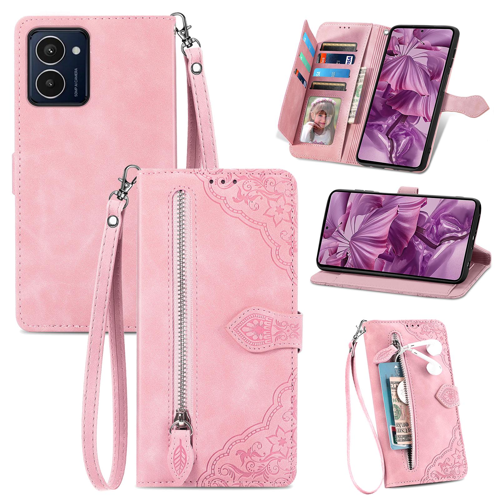 

For HMD Pulse Pro Zipper Wallet Case with Strap Flower Imprint PU Leather Phone Cover Pink