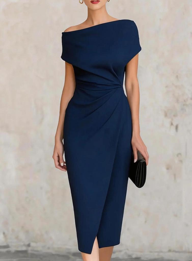 2026 European & American One-Shoulder Waist-Cinched Pleated Slit Evening Gown for Banquets & Commutes