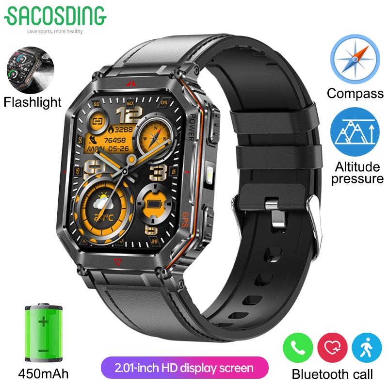 SACOSDING Rugged GPS Smart Watch 2.01" HD Screen 3ATM Waterproof Bluetooth Call Men Smartwatch GPS Positioning Compass Flashlight