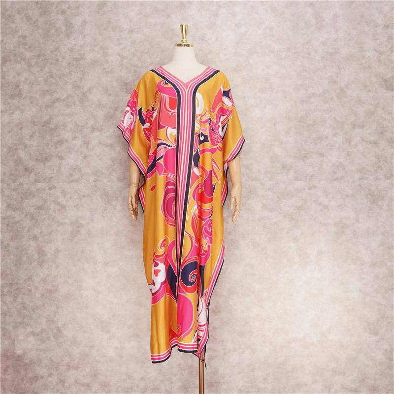 Long Kaftan Bohemian Printed Bikini Cover-ups Sexy V-neck Half Sleeve Maxi Dress Tunic Women Beach Wear Swim Suit Cover Up Q1333