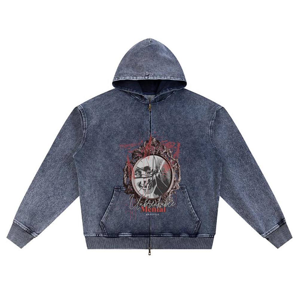 DTG print Knitted Denim Zip-Up Hoodie Unbreakable Mental Brother Print Zipper Hoodies  