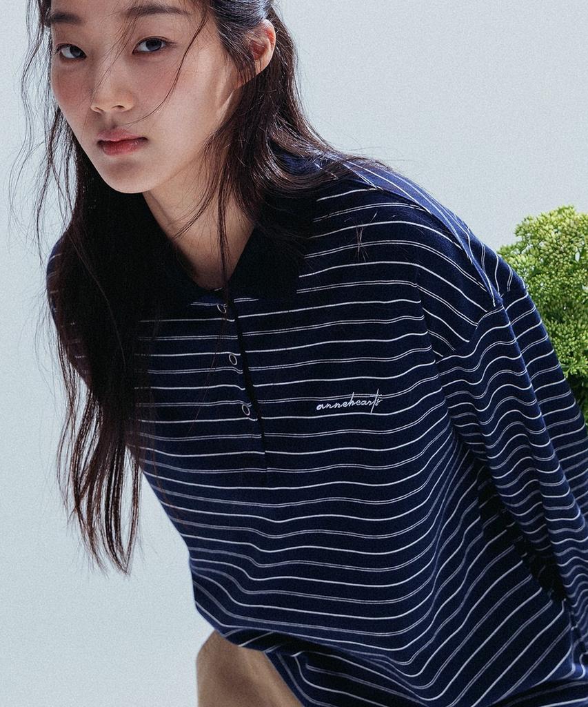 ANNEHEARTS Pin Stripe Collar Polo Tee_Navy