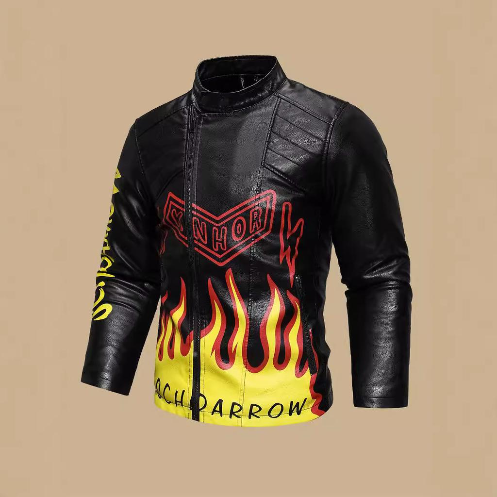 Men's PU leather jacket autumn and winter leather jacket European and American size men's oblique placket lapel motorcycle leather jacket